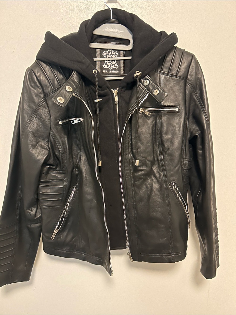 Real Leather Black Moto Jacket with Hoodie Layered Look